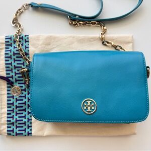 Tory Burch Aqua Blue Saffiano Leather Chain Flap Crossbody | Gold Hardware